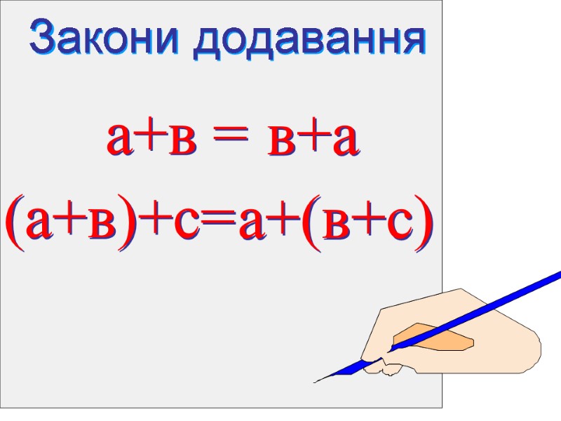 Закони додавання а+в =  в+а (а+в)+с= а+(в+с)